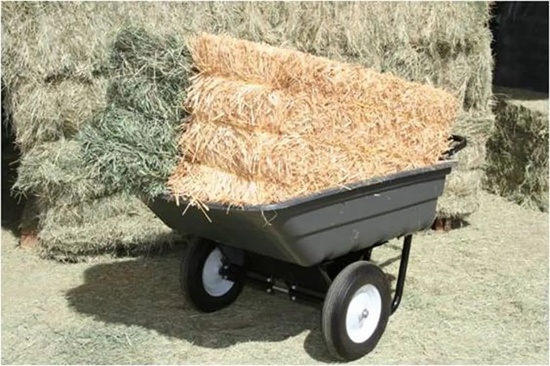 A black wagon with hay in it on the ground.