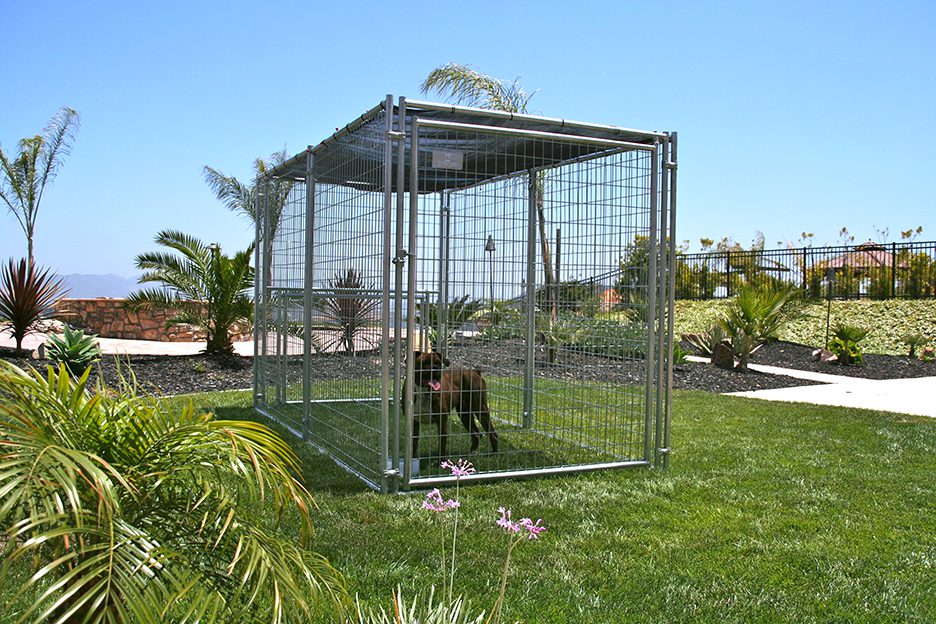 a dog in a pen with a Shade Top
