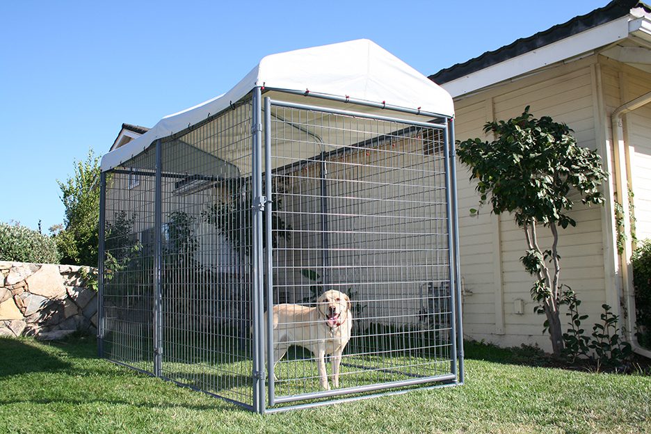 a dog inside a kennel with a 5' X 10' A-FRAME TOP