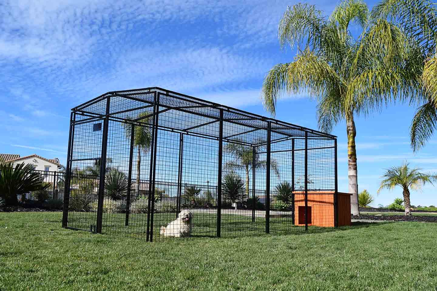 a small white dog inside a pen with a dog house
